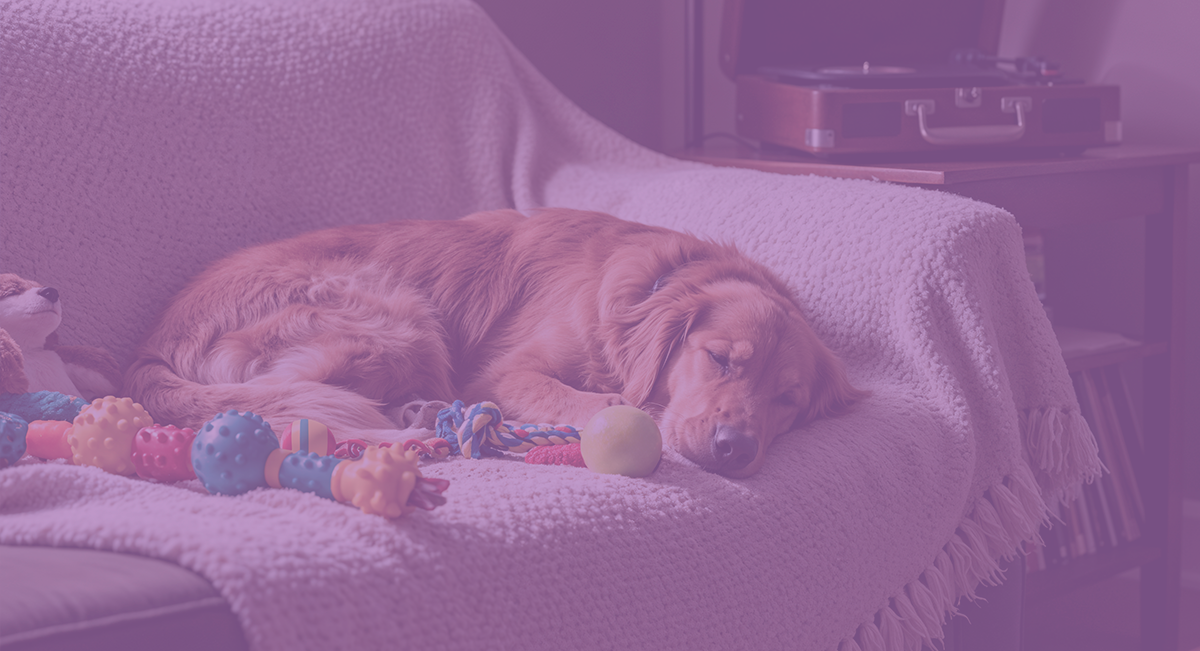 Cão castanho deitado em sofá com manta bege e brinquedos de cão coloridos