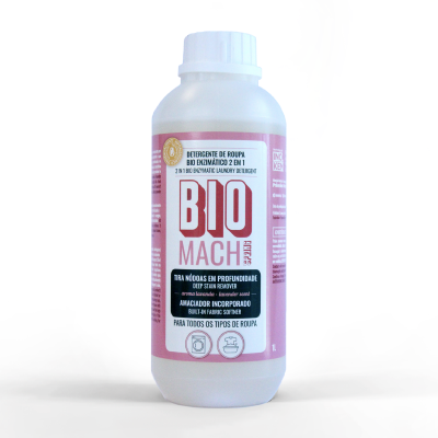 Frasco de detergente de roupa Bio Mach rosa e branco