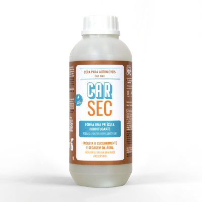 Frasco de cera para automóveis CAR SEC com rótulo branco e detalhes em azul e laranja