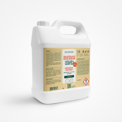 recipiente plástico branco com rótulo bege e texto colorido