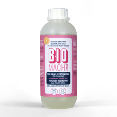 Detergente de roupa líquido BIO MACH com rótulo rosa e branco