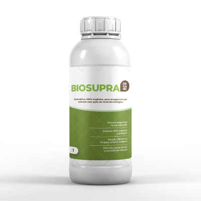 Frasco branco de plástico com rótulo verde e branco de BIOSUPRA ORGANIC para limpeza orgânica