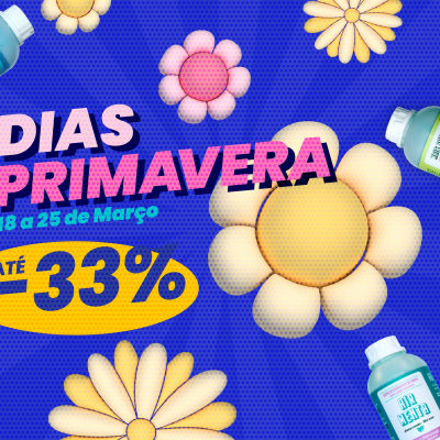 Imagem promocional de produtos de limpeza com flores e texto sobre desconto