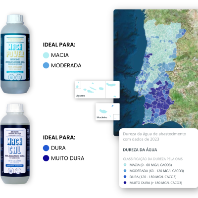 Dois frascos de produtos NIGHT POWER e NIGHT CAL ao lado de um mapa de dureza da água com zonas em tons de azul.