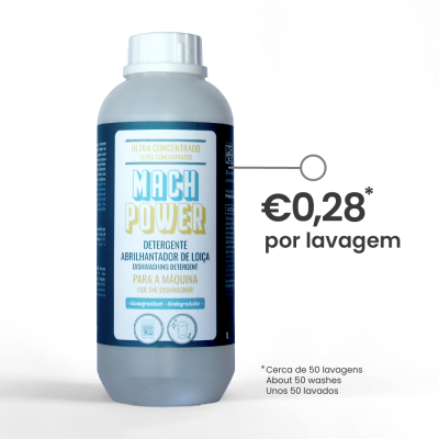 Frasco de detergente ultra concentrado MACH POWER para máquina lava-loiça com etiqueta azul e branca.