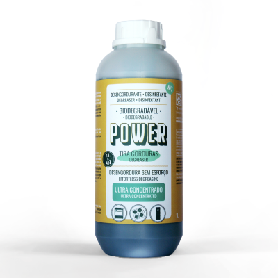 Frasco de desengordurante biodegradável Power Tira Gorduras com rótulo amarelo e branco