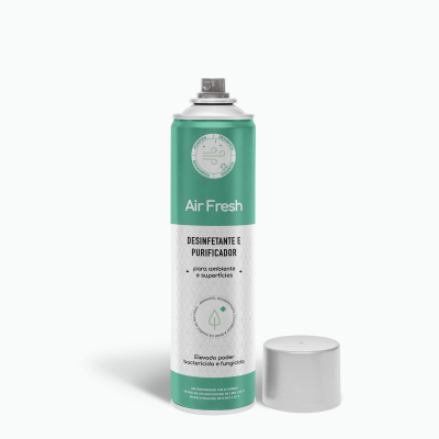 Frasco spray Air Fresh desinfetante e purificador em metal com rótulo verde e branco