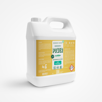 Recipiente plástico branco com rótulo amarelo e branco de produto de limpeza