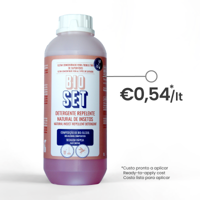 Garrafa plástica cor-de-rosa com rótulo BIO SET e texto em português e inglês