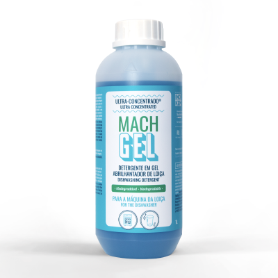 Frasco azul de detergente em gel para máquina de loiça com rótulo azul e branco