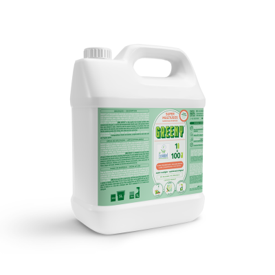 Frasco branco de plástico de 1 litro com rótulo verde, branco e laranja, produto GREENY para lavagem e higienização.
