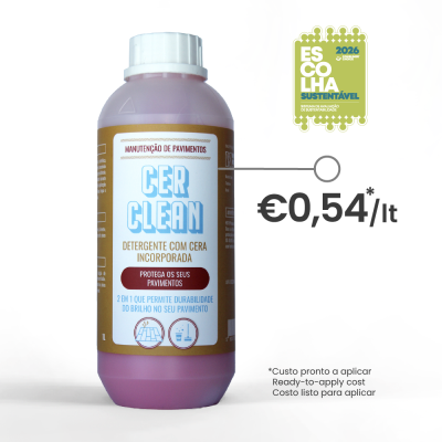 Frasco rosa de detergente para pavimentos com etiquetas azul, dourada e selo de sustentabilidade.