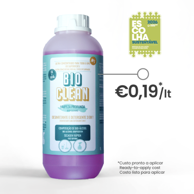 frasco plástico roxo BIO CLEAN desinfetante e detergente 1 litro com tampa branca e selo Escolha Sustentável