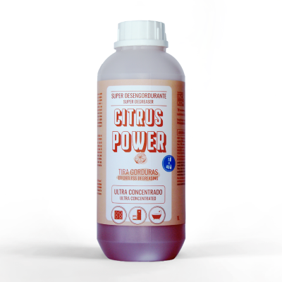 Frasco plástico branco e laranja do produto desengordurante Citrus Power