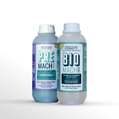 Duas garrafas de detergente líquido para roupa PRE MACH e BIO MACH