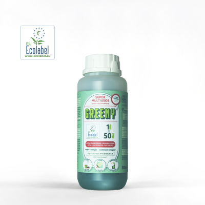 Frasco plástico verde de produto de limpeza Greeny com rótulo branco e verde e tampa branca