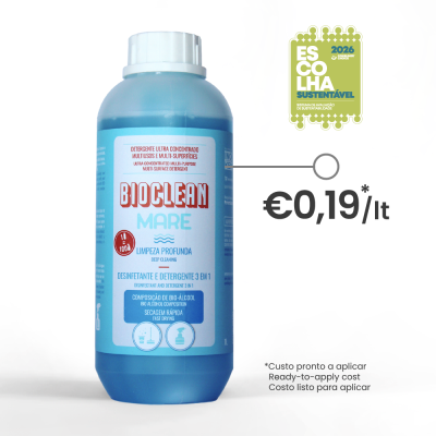Frasco azul de detergente BIOCLEAN MARE com texto e preço €0,19/lt em fundo branco