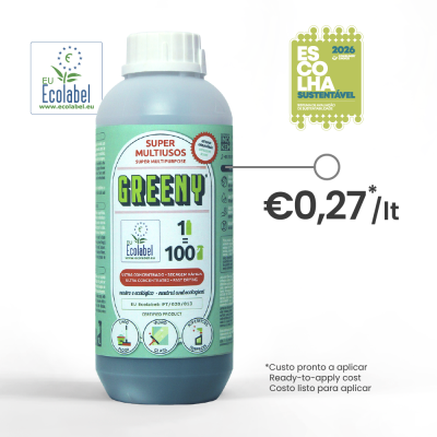 Frasco de detergente multiuso Greeny com selo EU Ecolabel e preço indicado.