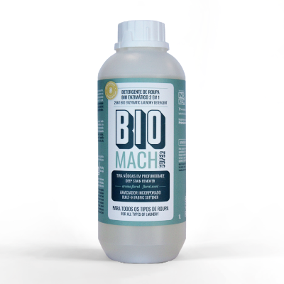 Embalagem de detergente de roupa BIO MACH 1 litro com texto em português