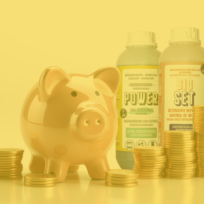 Produtos de limpeza biodegradáveis, mealheiro porco amarelo e pilhas de moedas douradas