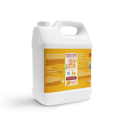 Recipiente branco de detergente BIO MACH PRO PET com rótulo amarelo
