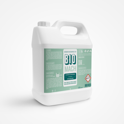 Recipiente plástico branco com rótulo verde BIO MACH