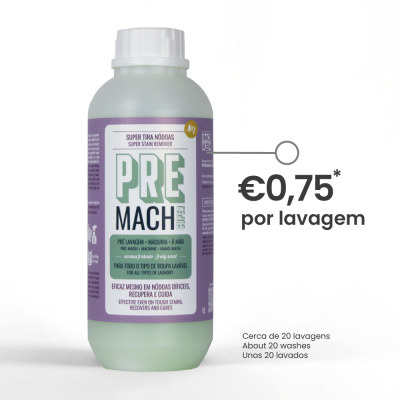 Frasco de removedor de nódoas Pré Mach Super com rótulo lilás