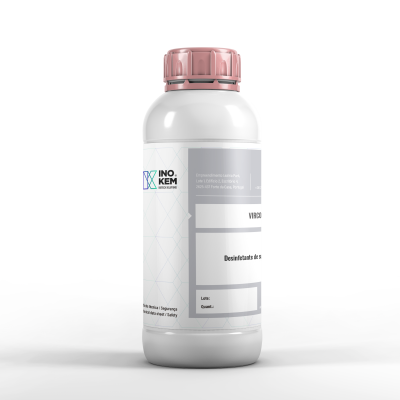 Frasco plástico branco com tampa rosa e rótulo INOKEM