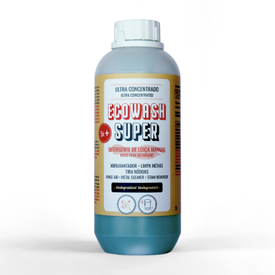 frasco de detergente manual EcoWash Super com rótulo amarelo e branco