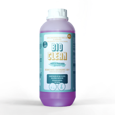 Frasco de detergente bio clean roxo com rótulo azul e branco