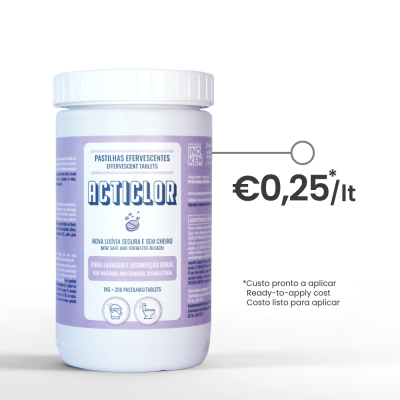 Frasco branco com pastilhas efervescentes Acticlor para desinfeção com rótulo lilás e branco e preço €0,25/lt