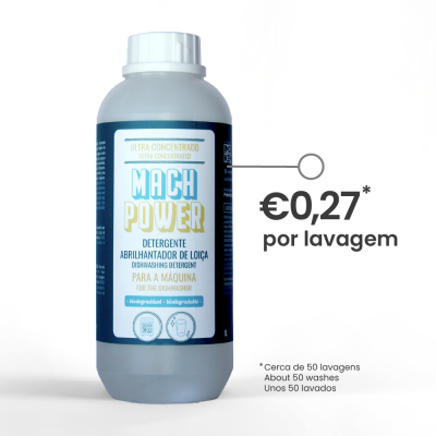 Frasco de detergente concentrado para máquina de lavar loiça MACH POWER com rótulo azul e amarelo
