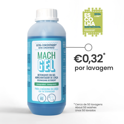 Frasco azul de detergente em gel para máquina de loiça com selo sustentável e preço por lavagem