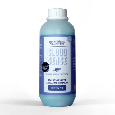 Frasco azul claro de sabonete líquido dermoprotetor Cloud Sense com tampa branca