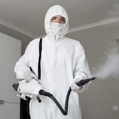 Pessoa com equipamento de proteção a vaporizar ambiente interior