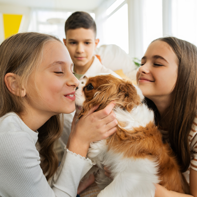 Três crianças acariciando um cão em casa