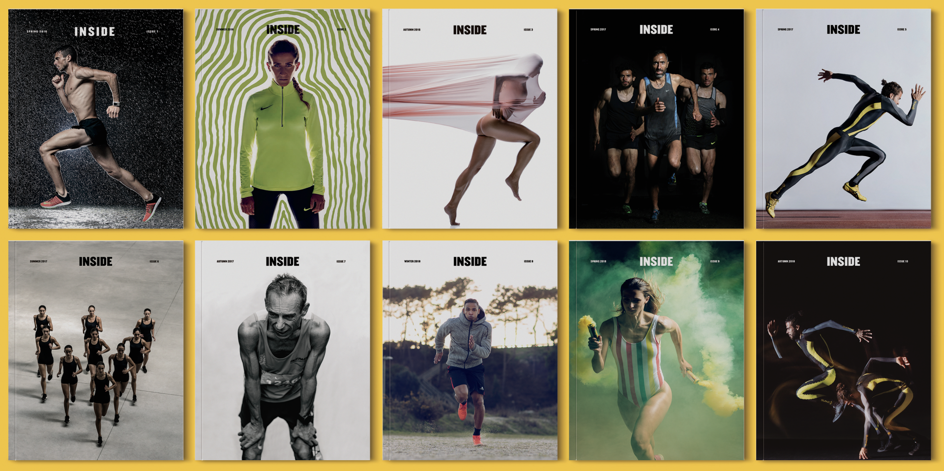 Inside Running as a lifestyle Dez capas de revista INSIDE com pessoas em atividades desportivas e diferentes fundos