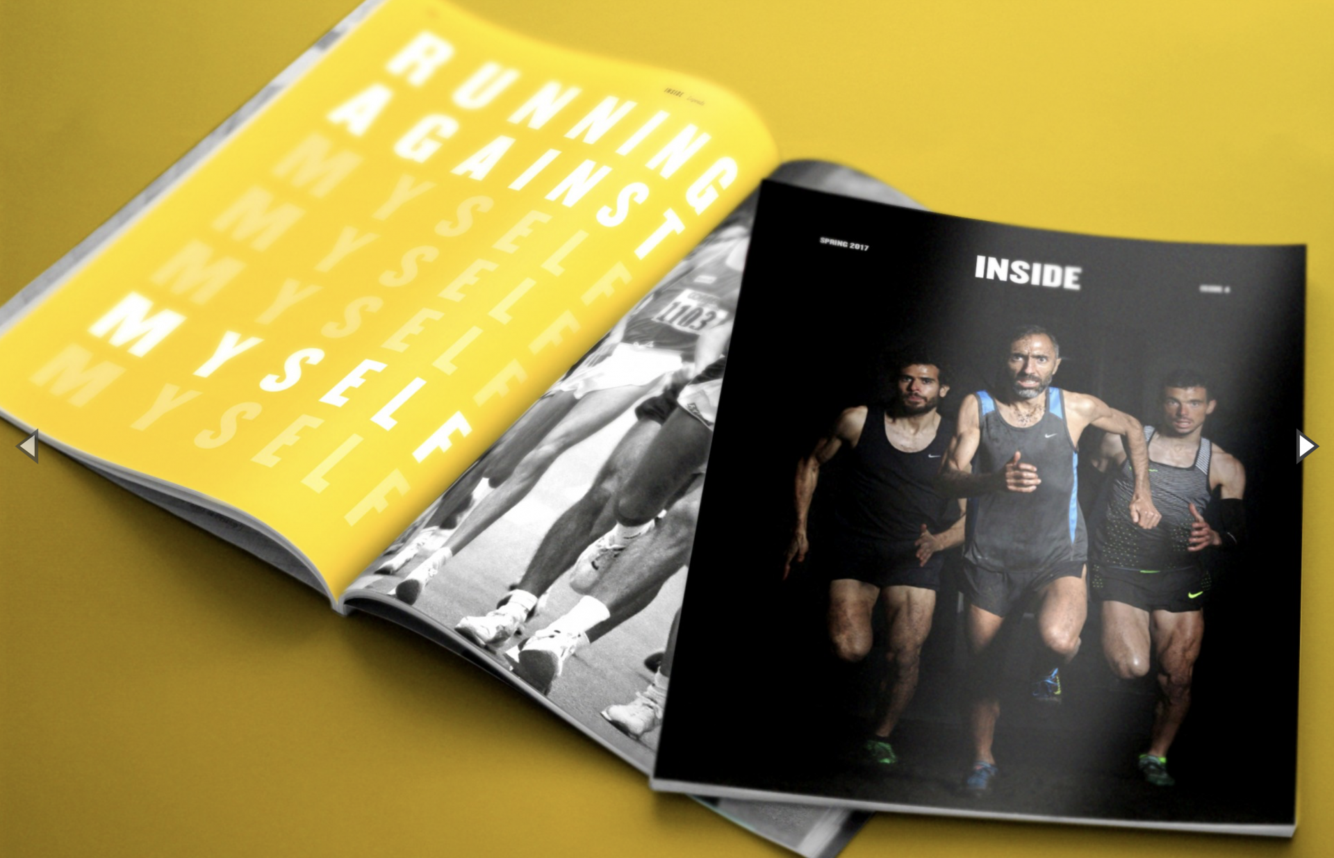 INSIDE Running as a lifestyle #4 Revista aberta com páginas amarelas e pretas mostrando texto e foto de corredores