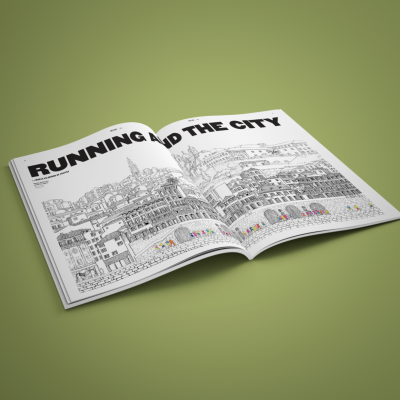 Revista aberta com ilustração urbana e título em preto e branco