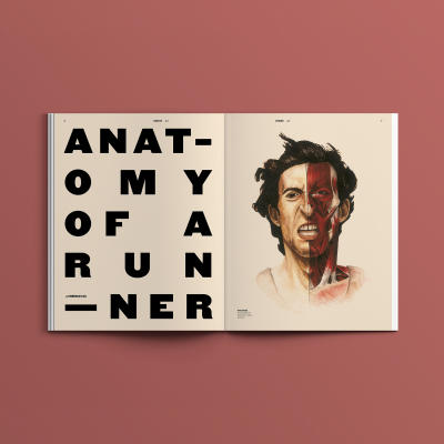 Livro aberto com título 'ANATOMY OF A RUNNER' e ilustração anatómica de rosto masculino