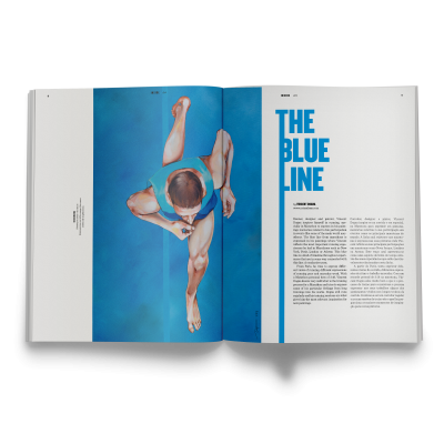 Livro aberto com imagem de nadador e texto 'THE BLUE LINE'.
