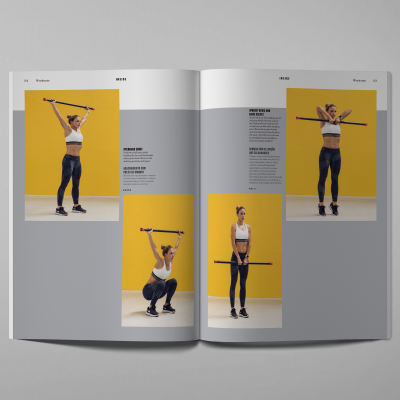 Revista aberta mostrando fotos de mulher a fazer exercícios com bastão preto em estúdio