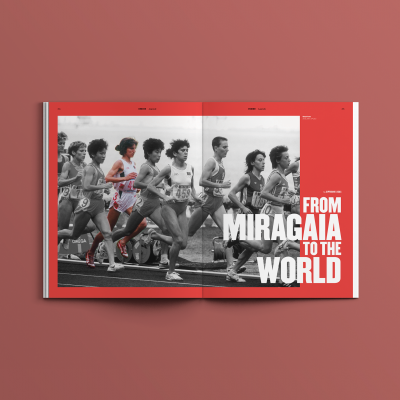 Livro aberto com imagem de corrida e texto 'FROM MIRAGAIA TO THE WORLD'