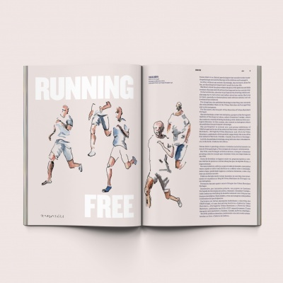 Página dupla de revista com ilustrações de corredores e texto em inglês
