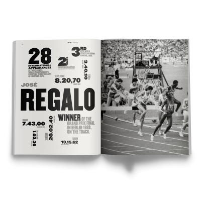 Página de livro com texto sobre José Regalo e foto de corrida de atletas num estádio.