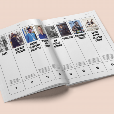 Revista aberta com várias páginas mostrando imagens e texto organizado em colunas verticalmente