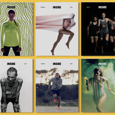 Dez capas de revista INSIDE com pessoas em atividades desportivas e diferentes fundos