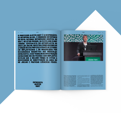 Revista aberta com entrevista e fotografia de Alister Hart no púlpito