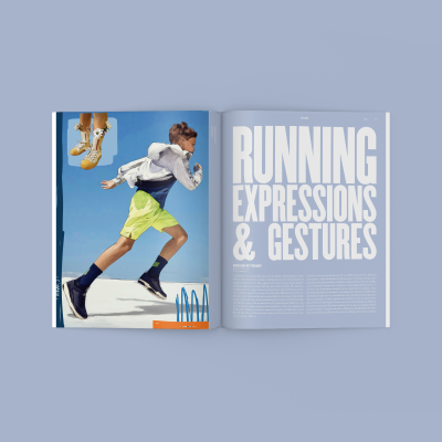 Revista aberta com ilustração de rapaz a correr e texto grande RUNNING EXPRESSIONS & GESTURES
