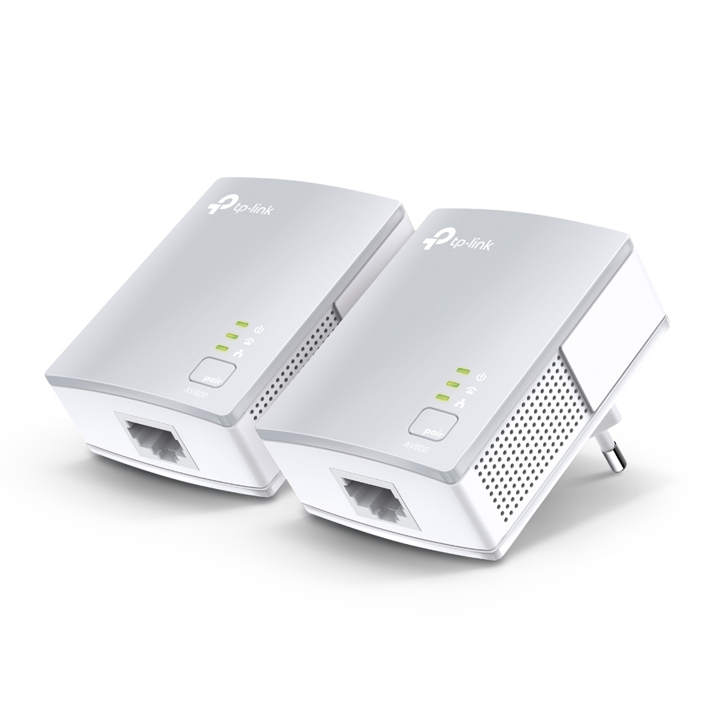 Dois adaptadores de rede TP-Link brancos com luzes indicadoras e porta Ethernet
